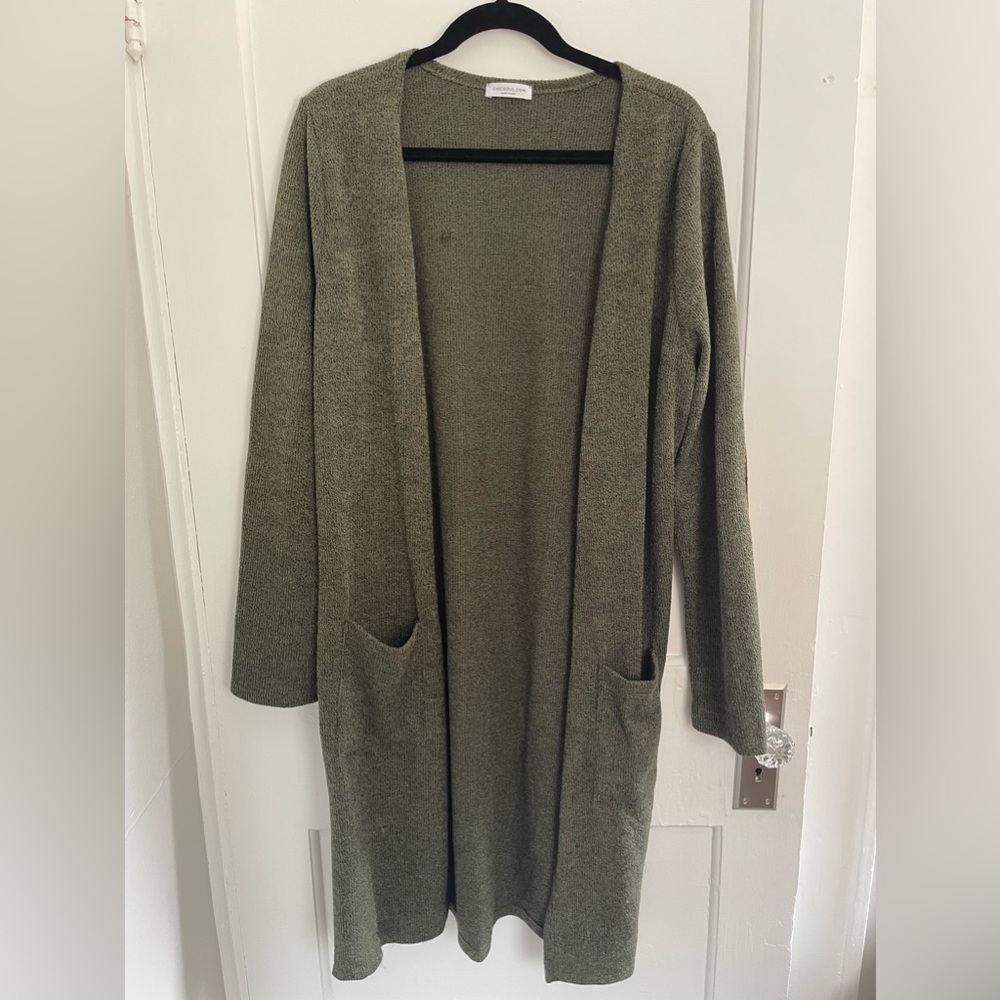 Olive green open cardigan with brown elbow patches